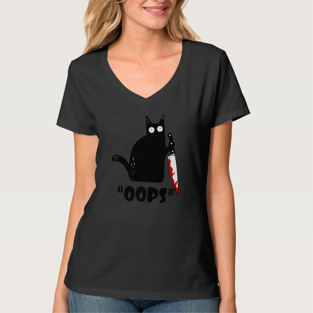 Camiseta Gato Ca Oops Gato Assassino Gato Preto Com Faca (Frente)