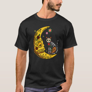 Camiseta Gato Calavera Mexicano Com Lua Dia de Muertos Fest