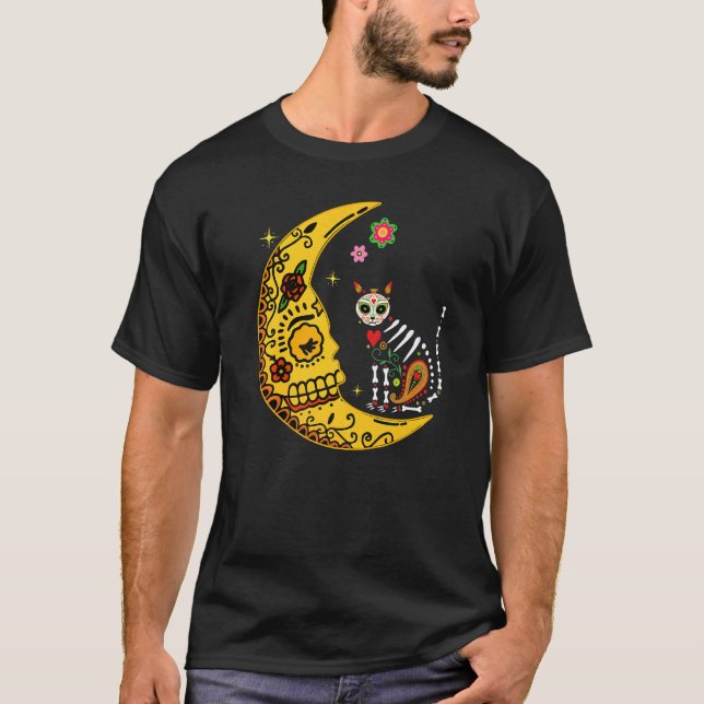 Camiseta Gato Calavera Mexicano Com Lua Dia de Muertos Fest (Frente)
