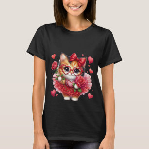 Camiseta Gato Calico Fofo Coração Óculos & Rosa Vermelha Ar