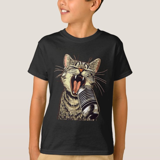 Camiseta Gato Cantando Com Fantasia De Microfone De Karaoke (Frente)