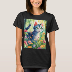 Camiseta Gato Caprichoso em Aquarela no Jardim Floral Fof