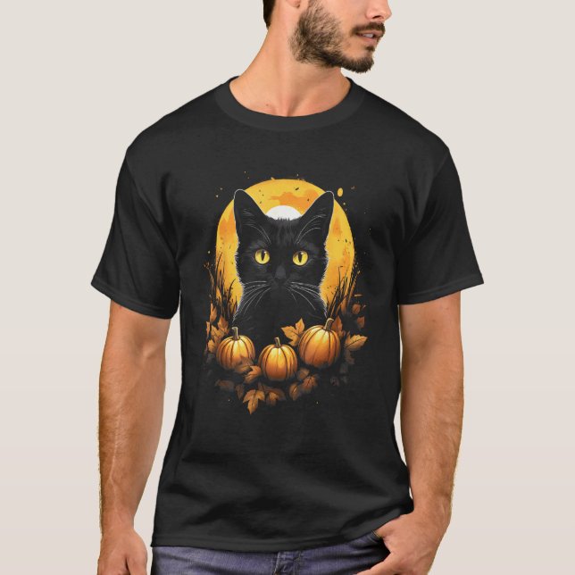 Camiseta Gato Cara Abóbora Lua Cheia - Gato Fofo de Outono (Frente)