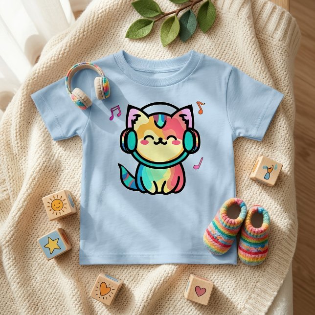 Camiseta Gato Cartoon Kawaii Sorridente Feliz com Fones de  (Happy Smiling Kawaii Cartoon Cat with Headphones. Baby Basic Blue T-Shirt)