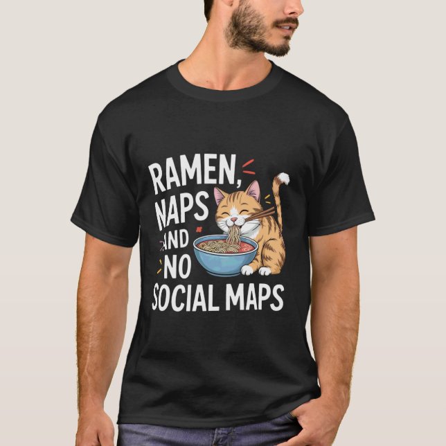 Camiseta Gato Caseiro Aconchegante Sonolento Ramen e Sem Ma (Frente)