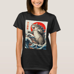Camiseta Gato Catzilla Arte Japonês Gráfico de Gato Engraça