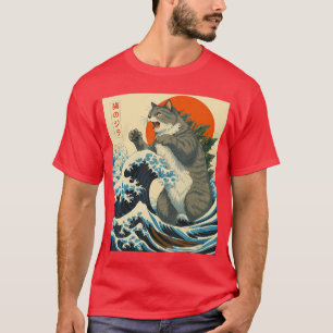 Camiseta Gato Catzilla Arte Japonês Presentes Engraçados de