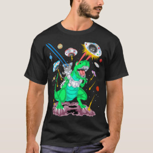 Camiseta gato cavalgando dinossauro