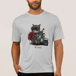 Camiseta Gato cavalgando rosas vermelhas de motocicletas fl