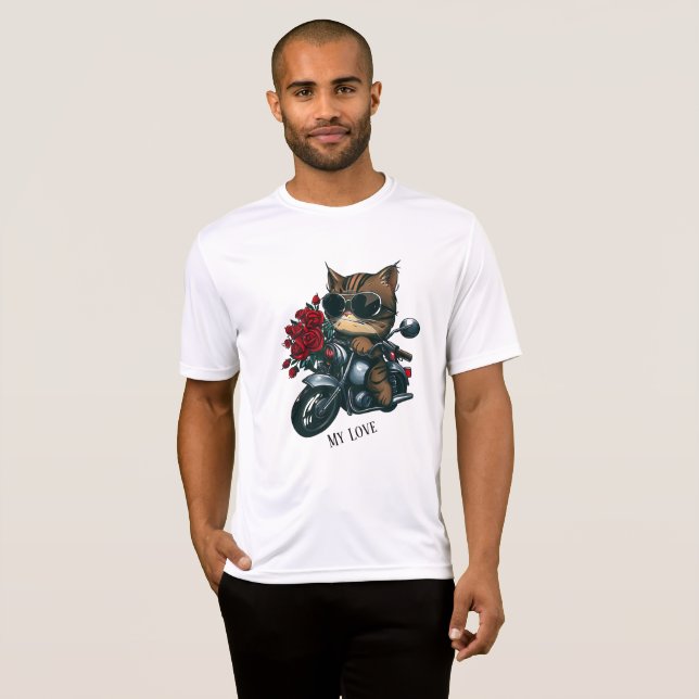 Camiseta Gato cavalgando rosas vermelhas de motocicletas fl (Frente Completa)