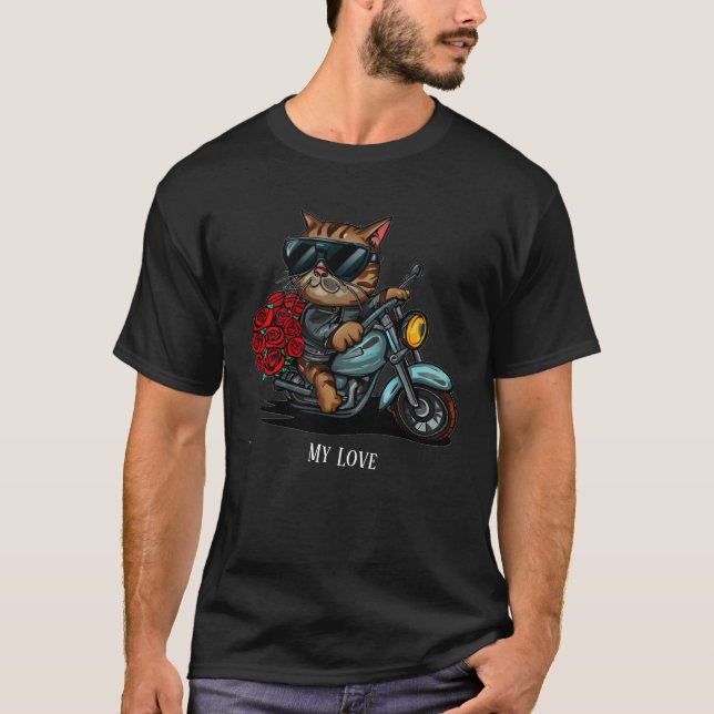 Camiseta Gato cavalgando rosas vermelhas de motocicletas fl (Frente)