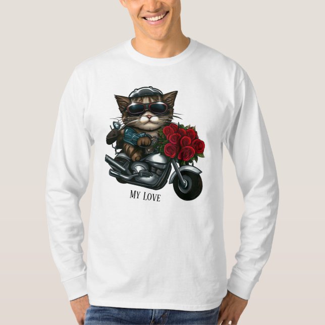Camiseta Gato cavalgando rosas vermelhas de motocicletas fl (Frente)