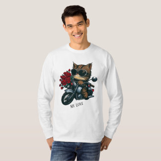 Camiseta Gato cavalgando rosas vermelhas de motocicletas fl