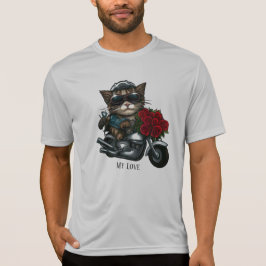 Camiseta Gato cavalgando rosas vermelhas de motocicletas fl