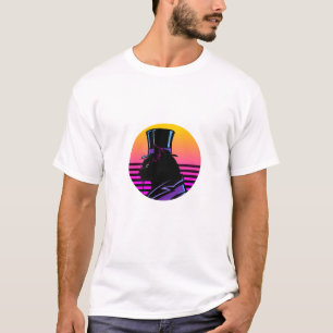 Camiseta Gato Cavalheiro Retro Synthwave em Cartola - Neon 