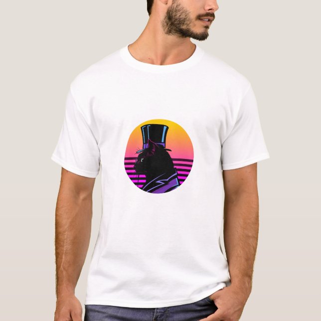 Camiseta Gato Cavalheiro Retro Synthwave em Cartola - Neon  (Frente)