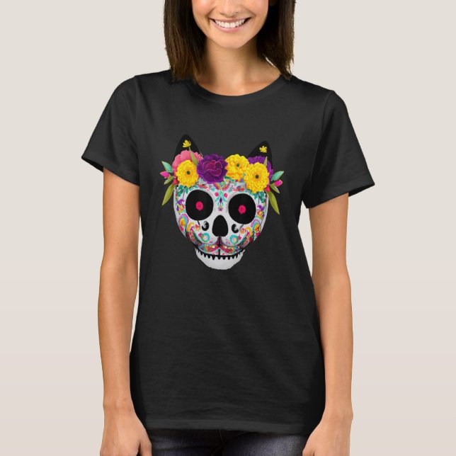 Camiseta Gato Caveira de Açúcar com Flores (Frente)