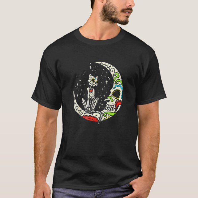 Camiseta Gato Caveira de Açúcar Lua Dia De Los Muertos Hall (Frente)