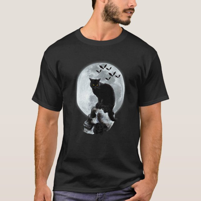 Camiseta Gato & Caveira Lua Gótico Gráfico Halloween Assust (Frente)