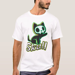 Camiseta Gato Caveira Neon Arte Kawaii Gótico