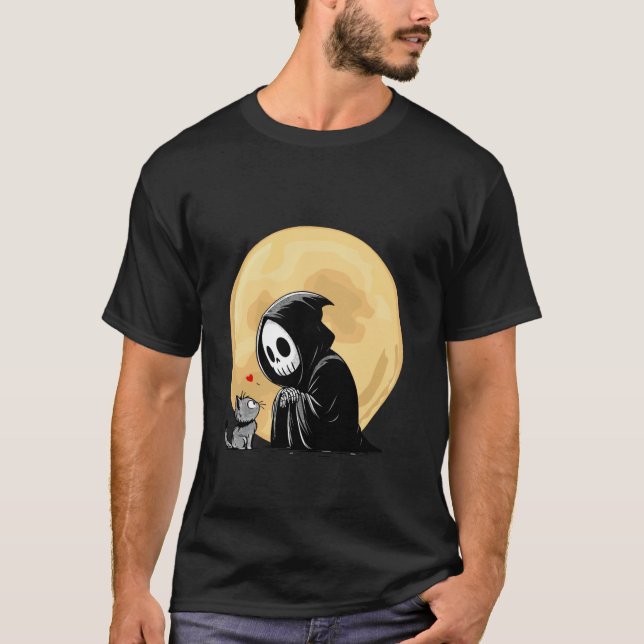 Camiseta Gato Ceifador de Halloween Lua Cheia Gótico Fofo D (Frente)