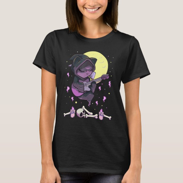 Camiseta Gato Ceifeiro Pastel Góthico Tocando Guitarra (Frente)