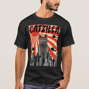 Camiseta Gato Chartreux Catzilla Japonês Retrô Engraçado 1
