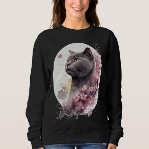 Camiseta Gato Chartreux Flor de Cerejeira Japonesa Sakura G