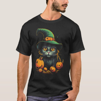 Camiseta Gato Cheetoh em Chapéu de Bruxa com Abóboras Gráfi