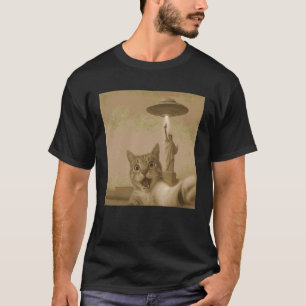 Camiseta Gato Chocado Selfie com Óvnis Gato Engraçado Mulhe