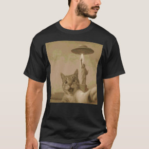 Camiseta Gato Chocado Selfie com Óvnis Gato Engraçado Mulhe