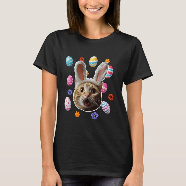 Camiseta Gato Choque Engraçado Rosto Com Orelhas De Coelho  (Frente)