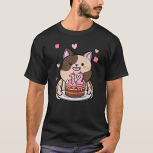 Camiseta Gato Chubby Segurando Um Dia De 12 De Bolo De Aniv