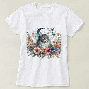 Camiseta Gato Cinza Borboleta Azul Floral 
