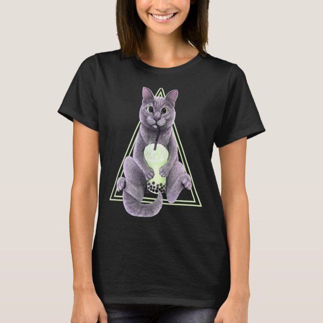 Camiseta Gato cinza com chá de bolhas (Frente)