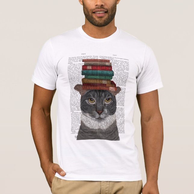 Camiseta Gato cinza com Livros na Cabeça (Frente)