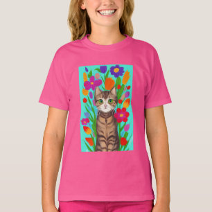 Camiseta Gato Cinza Fofo com Flores Coloridas