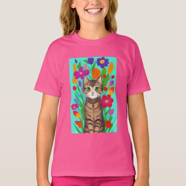 Camiseta Gato Cinza Fofo com Flores Coloridas (Frente)