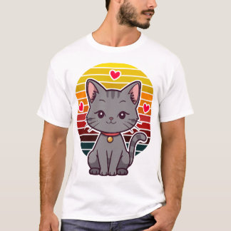 Camiseta Gato Cinza Kawaii Arte de Anime Pôr do Sol Retro