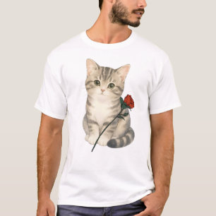 Camiseta Gato cinza malhado Adorável com Rosa Vermelha Flor