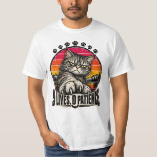 Camiseta Gato Cinza Retro 9 Vidas 0 Paciência Arte do Pôr d