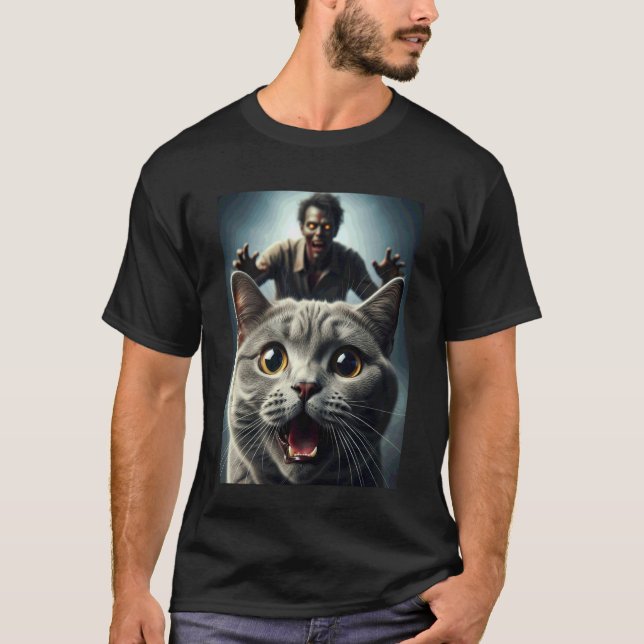 Camiseta Gato Cinza Selfie com Dono de Animal de Estimação  (Frente)