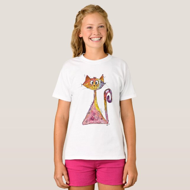 Camiseta Gato Cinzento, Rosa, Branco (Frente Completa)