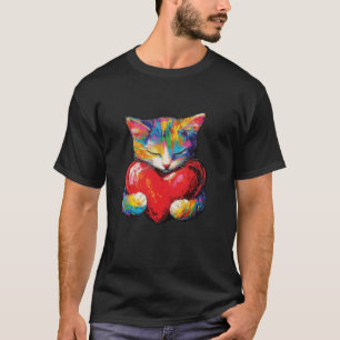 Camiseta Gato Colorido Abraçando Coração Artístico Fofinho