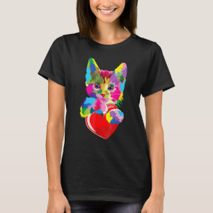 Camiseta Gato Colorido Abraçando Coração Dia dos Namorados