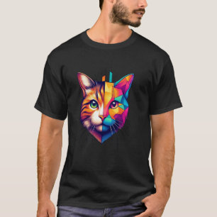 Camiseta Gato Colorido Abstrato Meio Rosto Geometria Fofa C