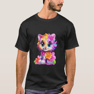 Camiseta Gato Colorido Adorável com Olhos Grandes Flores Ka