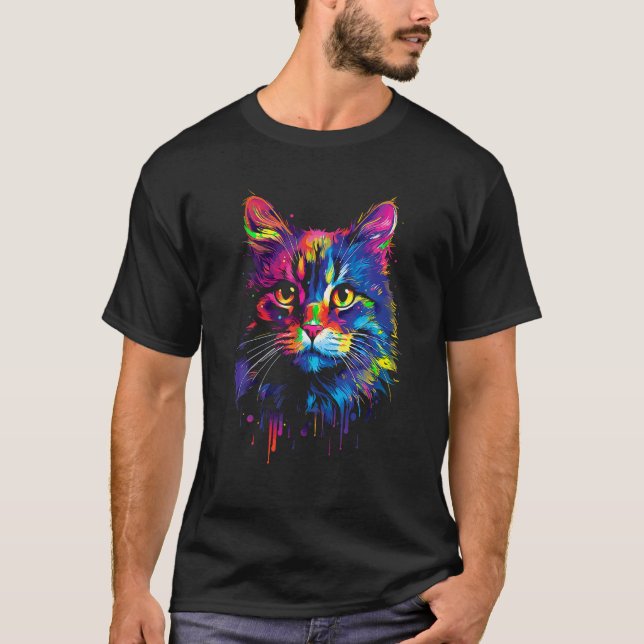 Camiseta Gato Colorido Bonito para Meninas Masculinas Gato  (Frente)