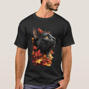 Camiseta Gato Colorido com Folhas de Outono Flores de Outon