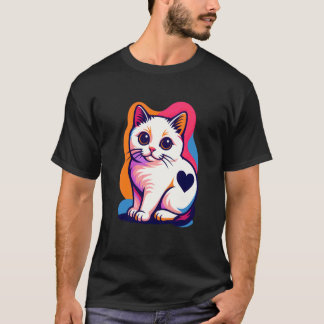 Camiseta Gato Colorido com Marca de Coração, Design de Arte